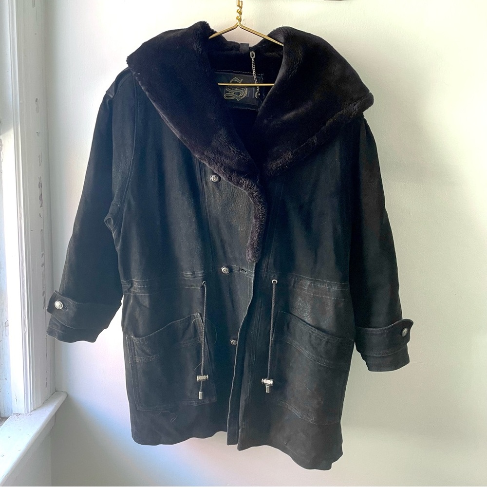 Vintage Leather Faux Fur Trim Button Up Heavy Winter Coat Jacket